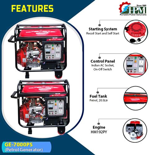 6 KVA  Petrol Generator, Model GE-7000PS, Recoil & Self Start